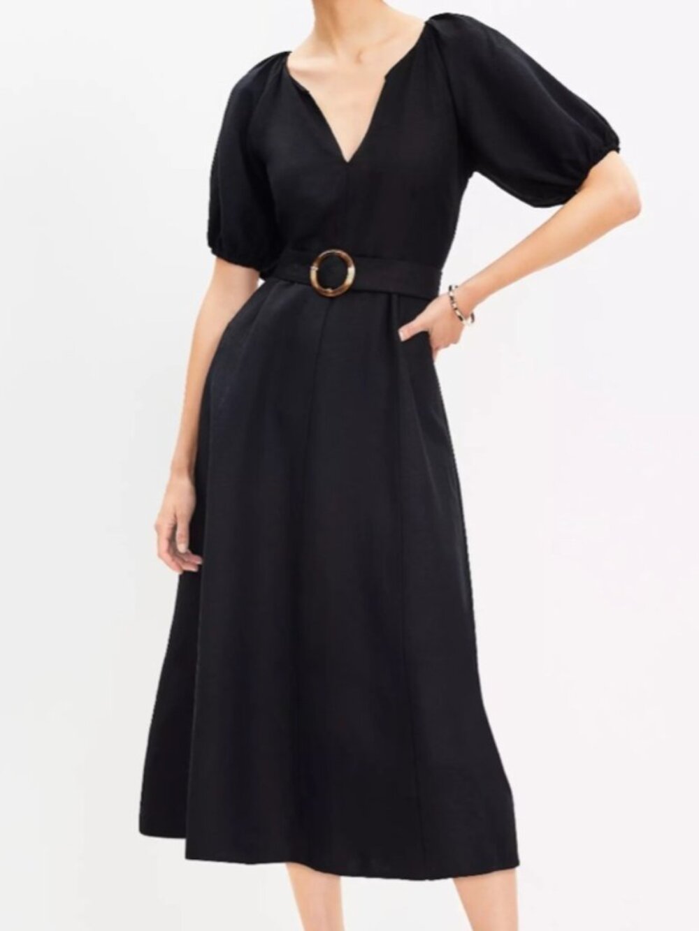 LOFT Linen Blend Black A-line Midi Dress with Puff Sleeves, Size 10